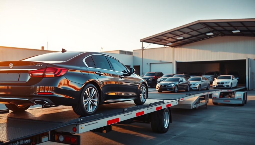 A modern auto transport yard in Lufkin, TX, showcasing a fleet of well-maintained car carriers and transport trucks. In the foreground, a shiny black sedan is being carefully loaded onto a sturdy flatbed trailer, its pristine bodywork reflecting the warm afternoon sunlight. The middle ground features an orderly arrangement of various vehicle models, each secured and ready for their cross-country journey. In the background, the facility's clean, well-lit garage and administrative buildings convey a sense of professionalism and reliability. The scene is bathed in a soft, golden glow, creating a welcoming and trustworthy atmosphere for the transport of valued automobiles. A modern auto transport yard in Lufkin, TX, showcasing a fleet of well-maintained car carriers and transport trucks. In the foreground, a shiny black sedan is being carefully loaded onto a sturdy flatbed trailer, its pristine bodywork reflecting the warm afternoon sunlight. The middle ground features an orderly arrangement of various vehicle models, each secured and ready for their cross-country journey. In the background, the facility's clean, well-lit garage and administrative buildings convey a sense of professionalism and reliability. The scene is bathed in a soft, golden glow, creating a welcoming and trustworthy atmosphere for the transport of valued automobiles.