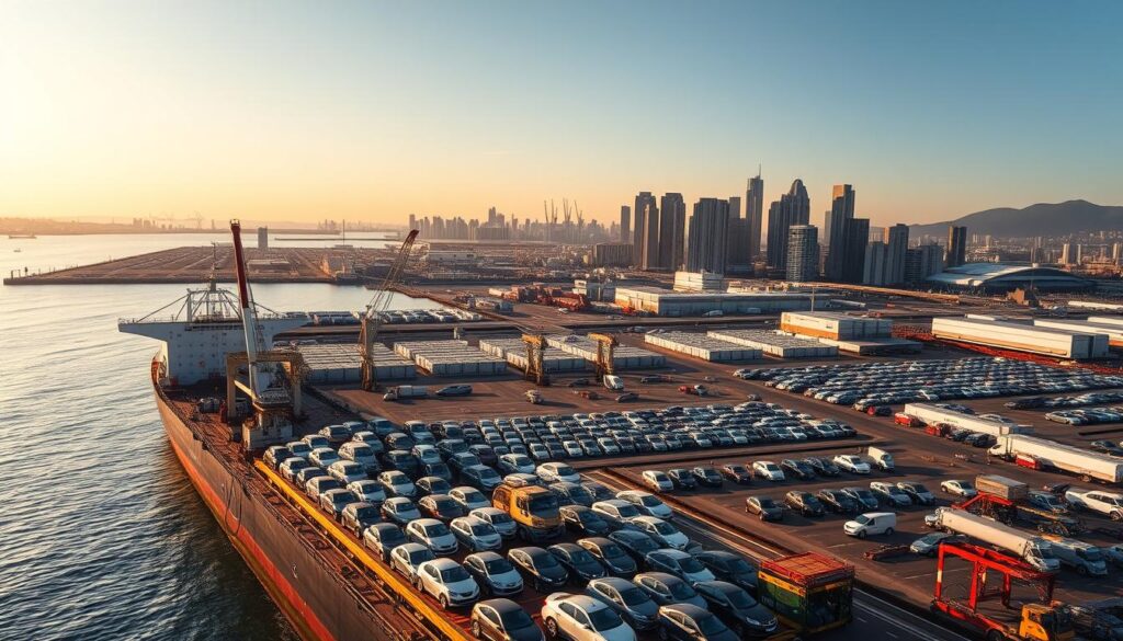 A modern, bustling port city skyline with a focus on car shipping operations. In the foreground, a large cargo ship is docked, its deck loaded with rows of gleaming automobiles. Cranes and gantries dot the landscape, efficiently moving vehicles on and off the ship. In the middle ground, sprawling parking lots and warehouses dot the cityscape, with trucks and transport vehicles moving in a well-choreographed dance. The background features the bay's waterfront, with skyscrapers and high-rise buildings rising into a warm, golden-hour sky. The scene is bathed in soft, directional lighting, casting long shadows and highlighting the precision and scale of the car shipping industry. A modern, bustling port city skyline with a focus on car shipping operations. In the foreground, a large cargo ship is docked, its deck loaded with rows of gleaming automobiles. Cranes and gantries dot the landscape, efficiently moving vehicles on and off the ship. In the middle ground, sprawling parking lots and warehouses dot the cityscape, with trucks and transport vehicles moving in a well-choreographed dance. The background features the bay's waterfront, with skyscrapers and high-rise buildings rising into a warm, golden-hour sky. The scene is bathed in soft, directional lighting, casting long shadows and highlighting the precision and scale of the car shipping industry.