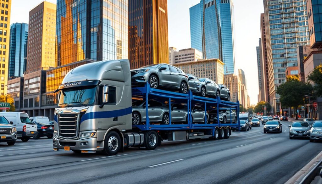 A modern car carrier transport truck navigates a busy urban street, surrounded by towering skyscrapers and bustling city traffic. The massive vehicle, painted in a sleek silver and blue livery, carries a load of gleaming, newly-minted automobiles, each one reflecting the warm rays of the afternoon sun. The truck's powerful engine rumbles as it maneuvers through the congested roadway, its hydraulic lift mechanisms poised to gently unload the precious cargo at its destination. In the background, the Austin skyline rises, a testament to the thriving local economy and the crucial role of efficient auto transport in supporting the region's automotive industry. A modern car carrier transport truck navigates a busy urban street, surrounded by towering skyscrapers and bustling city traffic. The massive vehicle, painted in a sleek silver and blue livery, carries a load of gleaming, newly-minted automobiles, each one reflecting the warm rays of the afternoon sun. The truck's powerful engine rumbles as it maneuvers through the congested roadway, its hydraulic lift mechanisms poised to gently unload the precious cargo at its destination. In the background, the Austin skyline rises, a testament to the thriving local economy and the crucial role of efficient auto transport in supporting the region's automotive industry.