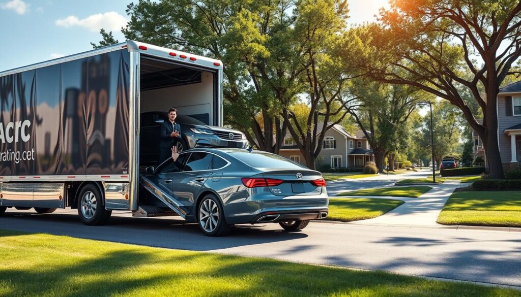 A modern car transport truck navigates a residential neighborhood, its gleaming chrome and bold lettering catching the eye. In the foreground, a luxury sedan waits patiently to be loaded, its owner waving goodbye. The driver, focused and professional, carefully maneuvers the vehicle onto the hydraulic lift, ensuring a safe and secure transport. The mid-ground features neatly manicured lawns and well-maintained homes, conveying a sense of suburban tranquility. The background showcases a sun-dappled street, with towering trees lining the road and a clear blue sky above, setting a serene and welcoming tone. The image conveys the convenience and reliability of door-to-door car shipping, seamlessly integrating the service into the everyday fabric of a thriving community. A modern car transport truck navigates a residential neighborhood, its gleaming chrome and bold lettering catching the eye. In the foreground, a luxury sedan waits patiently to be loaded, its owner waving goodbye. The driver, focused and professional, carefully maneuvers the vehicle onto the hydraulic lift, ensuring a safe and secure transport. The mid-ground features neatly manicured lawns and well-maintained homes, conveying a sense of suburban tranquility. The background showcases a sun-dappled street, with towering trees lining the road and a clear blue sky above, setting a serene and welcoming tone. The image conveys the convenience and reliability of door-to-door car shipping, seamlessly integrating the service into the everyday fabric of a thriving community.