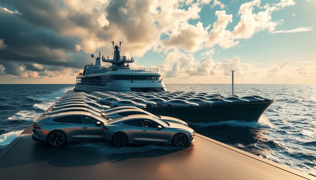 A modern cargo ship transports a fleet of shiny new cars across the open ocean, its massive hull slicing through the waves under a dramatic sky. In the foreground, a group of sleek, aerodynamic sedans and SUVs are neatly arranged on the ship's deck, their metallic finishes gleaming in the warm, golden sunlight. The middle ground features the towering silhouette of the ship's superstructure, with its complex network of cranes and cargo containers. In the distant background, a horizon of undulating blue waters and fluffy white clouds sets the scene for this efficient, high-tech auto transport operation. The overall mood is one of speed, scale, and precision, reflecting the reliable, professional nature of the auto transport service. A modern cargo ship transports a fleet of shiny new cars across the open ocean, its massive hull slicing through the waves under a dramatic sky. In the foreground, a group of sleek, aerodynamic sedans and SUVs are neatly arranged on the ship's deck, their metallic finishes gleaming in the warm, golden sunlight. The middle ground features the towering silhouette of the ship's superstructure, with its complex network of cranes and cargo containers. In the distant background, a horizon of undulating blue waters and fluffy white clouds sets the scene for this efficient, high-tech auto transport operation. The overall mood is one of speed, scale, and precision, reflecting the reliable, professional nature of the auto transport service.