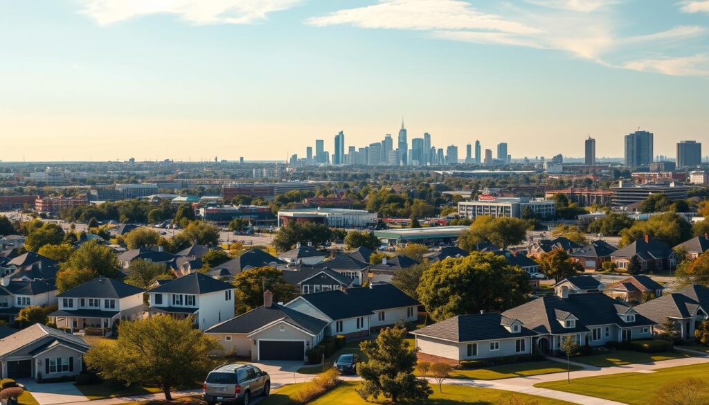 A modern cityscape of North Richland Hills, Texas, captured on a sunny afternoon. In the foreground, a well-maintained residential neighborhood with neatly trimmed lawns and contemporary homes. In the middle ground, the bustling commercial district showcases a variety of businesses, including auto repair shops and transport companies. The background features the skyline of the city, with a mix of high-rise buildings and lush green spaces. The lighting is warm and inviting, creating a sense of prosperity and opportunity. The overall composition conveys the reliable and cost-effective nature of the local auto transport and car shipping services.