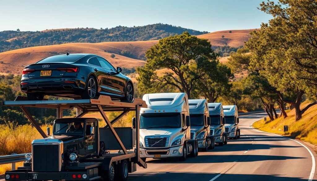 A modern fleet of car transport trucks, equipped with hydraulic lifts, steadily navigating a winding, tree-lined road in Leander, Texas. In the foreground, a high-end luxury sedan rests securely on the top deck, protected by sturdy tie-downs. The middle ground showcases the attention to detail, with the driver expertly maneuvering the vehicle with precision. In the background, the lush, rolling hills of the Texas Hill Country provide a picturesque backdrop, bathed in warm, golden sunlight. The scene conveys a sense of reliability, professionalism, and the care taken to ensure the safe transport of precious cargo. A modern fleet of car transport trucks, equipped with hydraulic lifts, steadily navigating a winding, tree-lined road in Leander, Texas. In the foreground, a high-end luxury sedan rests securely on the top deck, protected by sturdy tie-downs. The middle ground showcases the attention to detail, with the driver expertly maneuvering the vehicle with precision. In the background, the lush, rolling hills of the Texas Hill Country provide a picturesque backdrop, bathed in warm, golden sunlight. The scene conveys a sense of reliability, professionalism, and the care taken to ensure the safe transport of precious cargo.