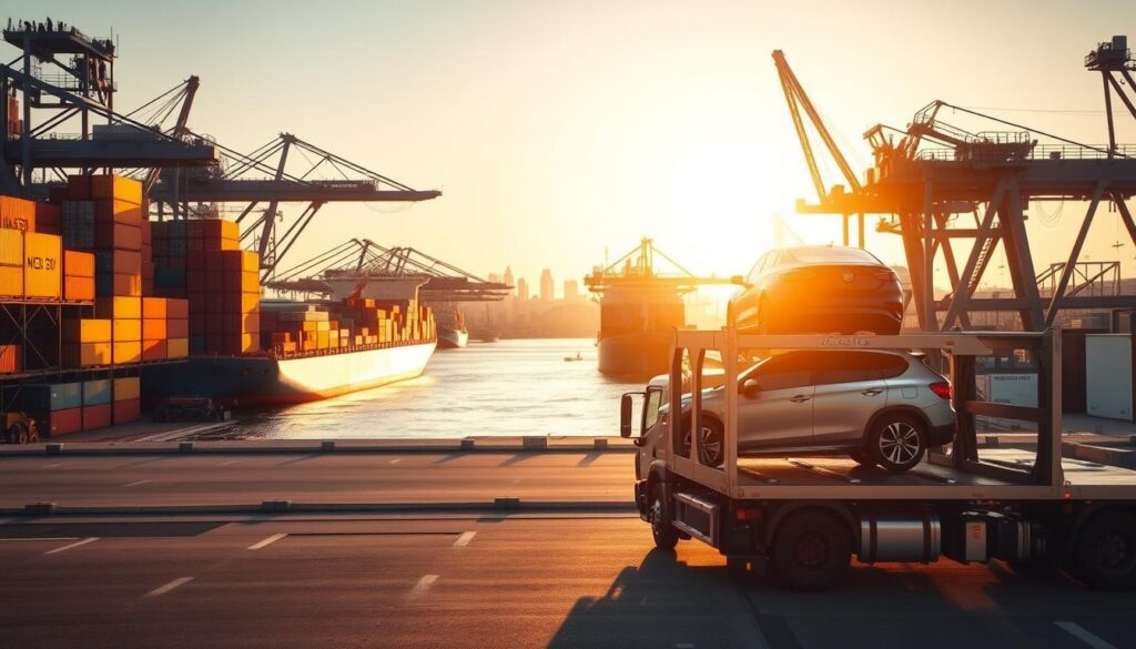 A modern freight terminal in Margate, with shipping containers stacked high and cargo ships docked in the harbor. The scene is bathed in warm, golden sunlight, creating long shadows and a sense of efficiency and productivity. In the foreground, a detailed car carrier truck waits to load its cargo, its chrome fittings gleaming. The background features the city skyline, with a mix of industrial and commercial buildings. The overall mood conveys the smooth, reliable operation of Margate's car shipping infrastructure, ready to handle the transport needs of 2025.