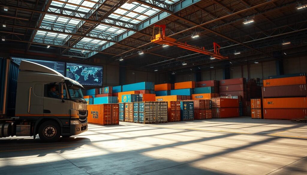 A modern logistics hub with a fleet of cargo trucks and shipping containers, all under the watchful eye of a digital vehicle tracking dashboard. The scene is bathed in warm, directional lighting, casting dramatic shadows that highlight the intricate details of the cargo equipment. In the foreground, a large semi-truck is being loaded, its driver meticulously overseeing the process. In the middle ground, rows of stacked shipping containers form an organized grid, their bright colors and weathered surfaces hinting at the global reach of the transportation network. In the background, a state-of-the-art control center bustles with activity, its large displays providing real-time data on the location and status of every vehicle in the fleet. A modern logistics hub with a fleet of cargo trucks and shipping containers, all under the watchful eye of a digital vehicle tracking dashboard. The scene is bathed in warm, directional lighting, casting dramatic shadows that highlight the intricate details of the cargo equipment. In the foreground, a large semi-truck is being loaded, its driver meticulously overseeing the process. In the middle ground, rows of stacked shipping containers form an organized grid, their bright colors and weathered surfaces hinting at the global reach of the transportation network. In the background, a state-of-the-art control center bustles with activity, its large displays providing real-time data on the location and status of every vehicle in the fleet.