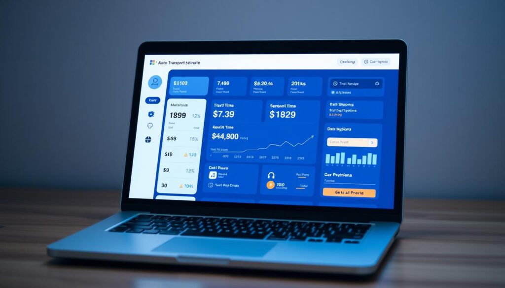 A modern, minimalist auto transport estimate dashboard displayed on a sleek laptop screen, illuminated by soft, directional lighting. The interface features intuitive controls and clean, data-driven graphics showcasing key information such as shipping cost, transit time, and secure payment options. The overall composition conveys a sense of efficiency, professionalism, and data privacy, reflecting the "Car Shipping Quotes Without Personal Information" theme. The scene is captured from a slightly elevated perspective, creating an inviting, user-friendly atmosphere.