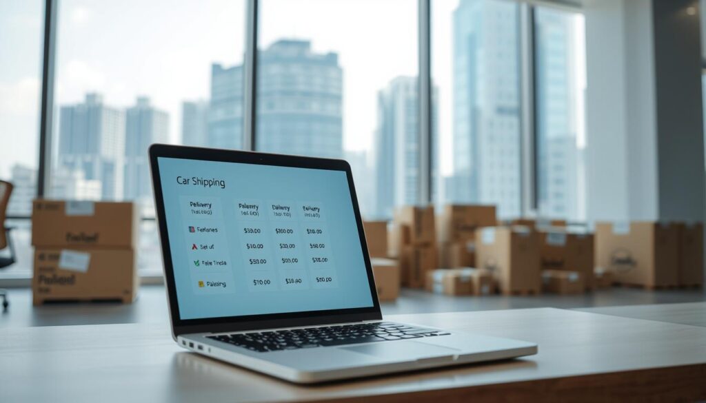 A modern, minimalist office setting with clean lines and bright, natural lighting. In the foreground, a sleek laptop displaying transparent pricing details and delivery timelines for car shipping services in Palestine. The middle ground features carefully organized shipping boxes and packing materials, conveying efficiency and reliability. The background showcases large windows overlooking a bustling urban landscape, emphasizing the global reach and transparency of the service. The overall atmosphere is professional, reassuring, and focused on delivering a seamless customer experience. A modern, minimalist office setting with clean lines and bright, natural lighting. In the foreground, a sleek laptop displaying transparent pricing details and delivery timelines for car shipping services in Palestine. The middle ground features carefully organized shipping boxes and packing materials, conveying efficiency and reliability. The background showcases large windows overlooking a bustling urban landscape, emphasizing the global reach and transparency of the service. The overall atmosphere is professional, reassuring, and focused on delivering a seamless customer experience.