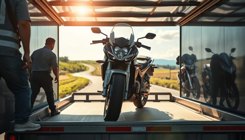 A modern motorcycle resting securely on a flatbed trailer, its sleek lines and chrome details glistening under the warm afternoon sun. In the foreground, a team of professional movers carefully secures the bike with sturdy straps, ensuring a safe and efficient transport. The middle ground features the trailer's expansive cargo area, ready to accommodate multiple motorcycles. In the background, a winding country road unfolds, framed by lush greenery and a clear blue sky, conveying a sense of open-road adventure. The lighting is soft and natural, casting gentle shadows that accentuate the motorcycle's contours. The overall mood is one of trust, reliability, and the excitement of embarking on a new journey.