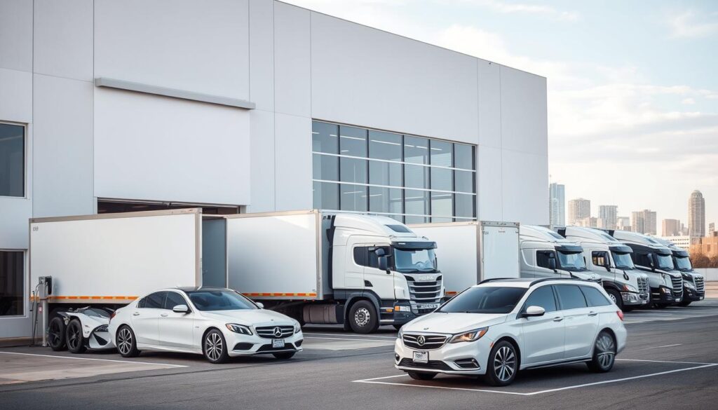 A modern, professional auto transport facility in Arlington, Virginia. The scene depicts the exterior of a well-maintained warehouse, with several large transport trucks and cars neatly parked in the foreground. The building has a clean, contemporary design with plenty of glass windows, allowing natural light to flood the interior. In the background, the skyline of Arlington is visible, hinting at the urban setting. The overall atmosphere conveys a sense of efficiency, reliability, and attention to detail - qualities that define the trusted auto transport services offered at this location. The lighting is soft and even, creating a pleasant, welcoming ambiance. A modern, professional auto transport facility in Arlington, Virginia. The scene depicts the exterior of a well-maintained warehouse, with several large transport trucks and cars neatly parked in the foreground. The building has a clean, contemporary design with plenty of glass windows, allowing natural light to flood the interior. In the background, the skyline of Arlington is visible, hinting at the urban setting. The overall atmosphere conveys a sense of efficiency, reliability, and attention to detail - qualities that define the trusted auto transport services offered at this location. The lighting is soft and even, creating a pleasant, welcoming ambiance.