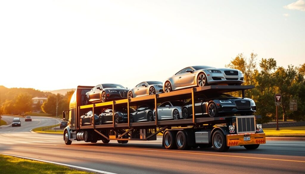 A modern semi-truck with a car carrier trailer, transporting a fleet of sleek, freshly polished automobiles through the scenic streets of Cedar Park. The truck's powerful engine rumbles as it navigates the winding roads, its chrome detailing gleaming in the warm, golden sunlight. In the middle ground, the car carrier's multi-level design is clearly visible, each level carefully loaded with a diverse array of vehicles, from compact sedans to sporty coupes. The background features the lush, tree-lined landscapes and well-maintained infrastructure that characterize the thriving suburban community of Cedar Park, Texas, setting the stage for a reliable and efficient auto transport experience. A modern semi-truck with a car carrier trailer, transporting a fleet of sleek, freshly polished automobiles through the scenic streets of Cedar Park. The truck's powerful engine rumbles as it navigates the winding roads, its chrome detailing gleaming in the warm, golden sunlight. In the middle ground, the car carrier's multi-level design is clearly visible, each level carefully loaded with a diverse array of vehicles, from compact sedans to sporty coupes. The background features the lush, tree-lined landscapes and well-maintained infrastructure that characterize the thriving suburban community of Cedar Park, Texas, setting the stage for a reliable and efficient auto transport experience.