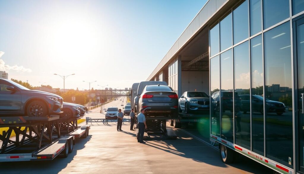 A modern, well-equipped auto transport facility in Pharr, Texas, set against a backdrop of lush greenery and clear blue skies. In the foreground, a fleet of sturdy, well-maintained car carriers stand ready to transport vehicles with the utmost care and precision. Sunlight filters through the facility's glass walls, casting a warm, inviting glow over the scene. The middle ground features a team of experienced, uniformed drivers meticulously inspecting the vehicles before loading them onto the carriers. In the background, the bustling streets of Pharr are visible, underscoring the company's strategic location and accessibility. The overall atmosphere conveys a sense of professionalism, reliability, and trust - qualities that define the trusted auto transport services offered in this vibrant Texas community. A modern, well-equipped auto transport facility in Pharr, Texas, set against a backdrop of lush greenery and clear blue skies. In the foreground, a fleet of sturdy, well-maintained car carriers stand ready to transport vehicles with the utmost care and precision. Sunlight filters through the facility's glass walls, casting a warm, inviting glow over the scene. The middle ground features a team of experienced, uniformed drivers meticulously inspecting the vehicles before loading them onto the carriers. In the background, the bustling streets of Pharr are visible, underscoring the company's strategic location and accessibility. The overall atmosphere conveys a sense of professionalism, reliability, and trust - qualities that define the trusted auto transport services offered in this vibrant Texas community.