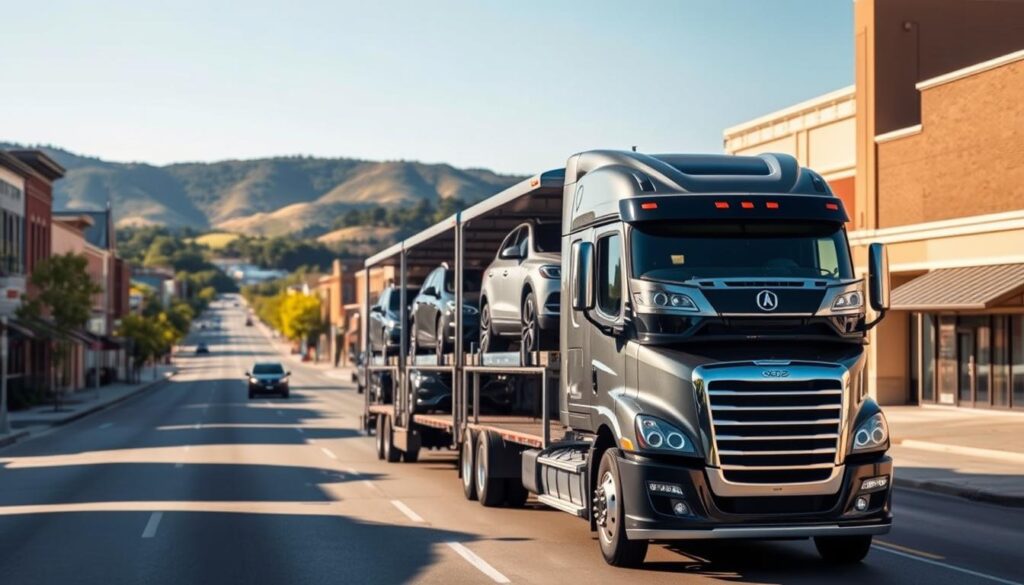 A modern, well-equipped auto transport truck prominently featured in the foreground, transporting several gleaming sedans and SUVs with care. The truck is illuminated by soft, diffused lighting, casting subtle shadows that accentuate its sleek design. In the middle ground, the bustling streets of New Braunfels are visible, with neatly-maintained buildings and lush greenery framing the scene. The background features the distinctive Hill Country landscape, with rolling hills and a clear, azure sky overhead, conveying a sense of reliability, safety, and the trusted delivery of vehicles to their destination. A modern, well-equipped auto transport truck prominently featured in the foreground, transporting several gleaming sedans and SUVs with care. The truck is illuminated by soft, diffused lighting, casting subtle shadows that accentuate its sleek design. In the middle ground, the bustling streets of New Braunfels are visible, with neatly-maintained buildings and lush greenery framing the scene. The background features the distinctive Hill Country landscape, with rolling hills and a clear, azure sky overhead, conveying a sense of reliability, safety, and the trusted delivery of vehicles to their destination.