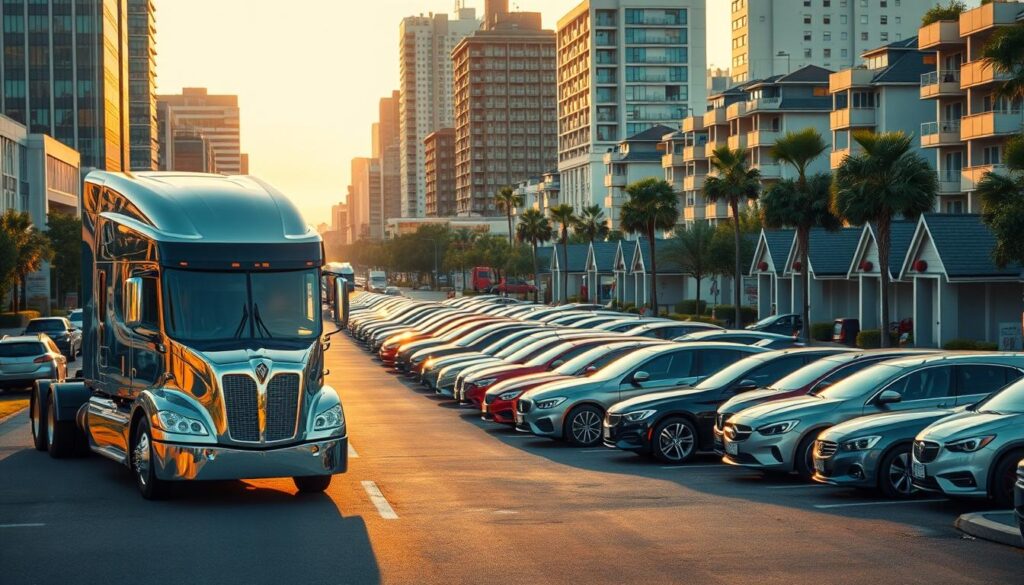 A modern, well-equipped auto transport truck stands prominently in the foreground, its gleaming chrome and metallic finish reflecting the warm afternoon sunlight. In the middle ground, rows of neatly parked cars await their journey, their various makes and models a testament to the diverse clientele served by the Andrews-based car shipping company. The background features the bustling streets of Andrews, with towering office buildings and residential homes providing a vibrant urban backdrop. The scene conveys a sense of efficiency, professionalism, and the reliable transportation of valuable vehicles to their destinations. A modern, well-equipped auto transport truck stands prominently in the foreground, its gleaming chrome and metallic finish reflecting the warm afternoon sunlight. In the middle ground, rows of neatly parked cars await their journey, their various makes and models a testament to the diverse clientele served by the Andrews-based car shipping company. The background features the bustling streets of Andrews, with towering office buildings and residential homes providing a vibrant urban backdrop. The scene conveys a sense of efficiency, professionalism, and the reliable transportation of valuable vehicles to their destinations.