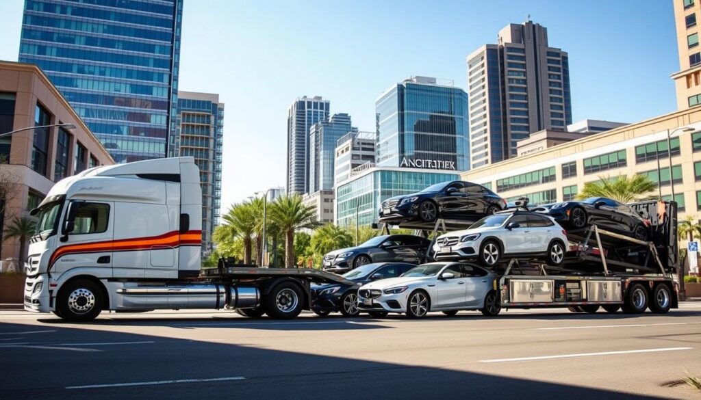 A modern, well-equipped auto transport truck stands prominently in the foreground, its sleek design and vibrant colors capturing the attention. In the middle ground, a group of neatly lined-up vehicles await their journey, meticulously cared for and ready for transport. The background features the bustling streets of Irving, Texas, with towering skyscrapers and a clear blue sky overhead, conveying a sense of professionalism and reliability. The lighting is crisp and natural, casting subtle shadows and highlighting the attention to detail in the truck's design. The overall atmosphere exudes a feeling of efficiency, safety, and trust, perfectly reflecting the "Why Choose Our Irving Auto Transport Company" section of the article. A modern, well-equipped auto transport truck stands prominently in the foreground, its sleek design and vibrant colors capturing the attention. In the middle ground, a group of neatly lined-up vehicles await their journey, meticulously cared for and ready for transport. The background features the bustling streets of Irving, Texas, with towering skyscrapers and a clear blue sky overhead, conveying a sense of professionalism and reliability. The lighting is crisp and natural, casting subtle shadows and highlighting the attention to detail in the truck's design. The overall atmosphere exudes a feeling of efficiency, safety, and trust, perfectly reflecting the "Why Choose Our Irving Auto Transport Company" section of the article.