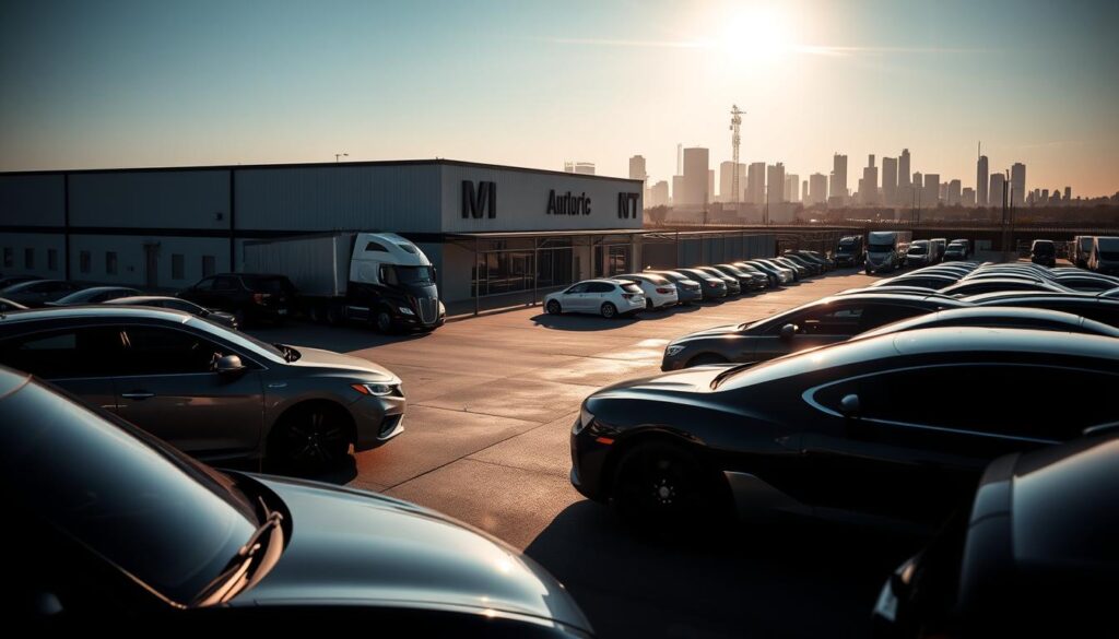 A modern, well-equipped car shipping facility in Brownwood, with a fleet of specialized car haulers and a secure storage yard. The scene depicts the company's office building, surrounded by cars awaiting transport, with the Brownwood skyline visible in the background. Bright lighting illuminates the scene, casting long shadows and highlighting the sleek curves of the vehicles. The overall atmosphere conveys a sense of efficiency, reliability, and attention to detail - key qualities that make this Brownwood car shipping company the preferred choice for safe and timely vehicle transport. A modern, well-equipped car shipping facility in Brownwood, with a fleet of specialized car haulers and a secure storage yard. The scene depicts the company's office building, surrounded by cars awaiting transport, with the Brownwood skyline visible in the background. Bright lighting illuminates the scene, casting long shadows and highlighting the sleek curves of the vehicles. The overall atmosphere conveys a sense of efficiency, reliability, and attention to detail - key qualities that make this Brownwood car shipping company the preferred choice for safe and timely vehicle transport.