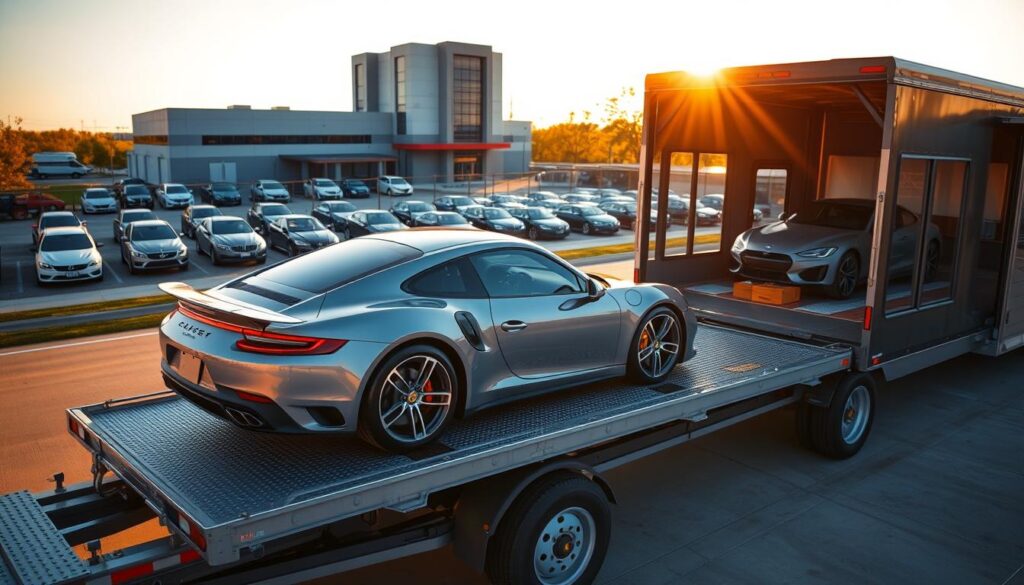 A modern, well-equipped car shipping facility in Carrollton, with a fleet of specialized car carriers and a team of experienced drivers. In the foreground, a gleaming, freshly washed sports car is being loaded onto a sturdy, purpose-built car transport trailer, its glossy paint reflecting the warm, golden afternoon sun. The middle ground features a secure, fenced-in lot with rows of neatly organized vehicles, each awaiting their turn for safe, reliable transport. In the background, the facility's office building stands tall, its architectural design conveying a sense of professionalism and trustworthiness. The overall scene exudes an atmosphere of care, attention to detail, and a commitment to delivering trusted auto transport services to the Carrollton community. A modern, well-equipped car shipping facility in Carrollton, with a fleet of specialized car carriers and a team of experienced drivers. In the foreground, a gleaming, freshly washed sports car is being loaded onto a sturdy, purpose-built car transport trailer, its glossy paint reflecting the warm, golden afternoon sun. The middle ground features a secure, fenced-in lot with rows of neatly organized vehicles, each awaiting their turn for safe, reliable transport. In the background, the facility's office building stands tall, its architectural design conveying a sense of professionalism and trustworthiness. The overall scene exudes an atmosphere of care, attention to detail, and a commitment to delivering trusted auto transport services to the Carrollton community.