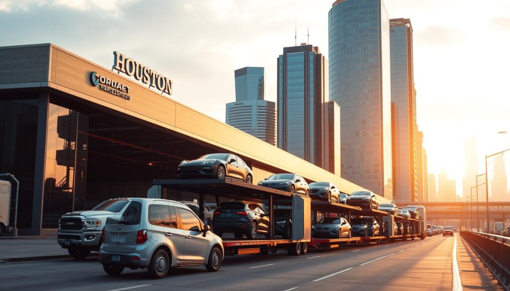 A modern, well-equipped car shipping facility in Houston, with a fleet of specialized transport trucks and a team of experienced logistics experts. The foreground depicts the company's main office building, a sleek, contemporary structure with glass facades and a prominent company logo. In the middle ground, several car carriers are being loaded and unloaded, showcasing the efficient and secure car handling process. The background features the bustling cityscape of Houston, with skyscrapers and highway infrastructure, highlighting the company's strategic location. The scene is bathed in warm, diffused lighting, creating a professional and trustworthy atmosphere. The overall composition conveys the reliable, high-quality car shipping services offered by this trusted Houston-based company. A modern, well-equipped car shipping facility in Houston, with a fleet of specialized transport trucks and a team of experienced logistics experts. The foreground depicts the company's main office building, a sleek, contemporary structure with glass facades and a prominent company logo. In the middle ground, several car carriers are being loaded and unloaded, showcasing the efficient and secure car handling process. The background features the bustling cityscape of Houston, with skyscrapers and highway infrastructure, highlighting the company's strategic location. The scene is bathed in warm, diffused lighting, creating a professional and trustworthy atmosphere. The overall composition conveys the reliable, high-quality car shipping services offered by this trusted Houston-based company.