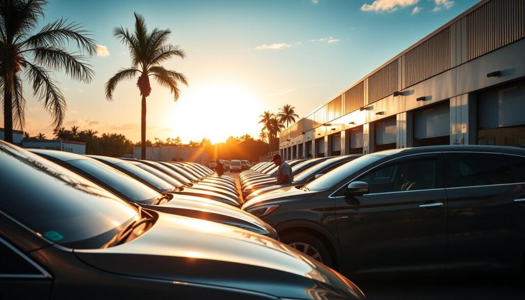 A modern, well-equipped car shipping facility nestled amidst the lush greenery of Palm Harbor. In the foreground, a gleaming row of vehicles awaits transport, their polished exteriors catching the warm, golden light of the afternoon sun. In the middle ground, skilled technicians meticulously secure the cars, ensuring safe and efficient delivery. The background showcases the facility's state-of-the-art loading bays and logistics infrastructure, all designed to provide a seamless car shipping experience for Palm Harbor residents. The scene conveys a sense of professionalism, attention to detail, and a commitment to delivering top-notch car shipping services tailored to the needs of the local community. A modern, well-equipped car shipping facility nestled amidst the lush greenery of Palm Harbor. In the foreground, a gleaming row of vehicles awaits transport, their polished exteriors catching the warm, golden light of the afternoon sun. In the middle ground, skilled technicians meticulously secure the cars, ensuring safe and efficient delivery. The background showcases the facility's state-of-the-art loading bays and logistics infrastructure, all designed to provide a seamless car shipping experience for Palm Harbor residents. The scene conveys a sense of professionalism, attention to detail, and a commitment to delivering top-notch car shipping services tailored to the needs of the local community.