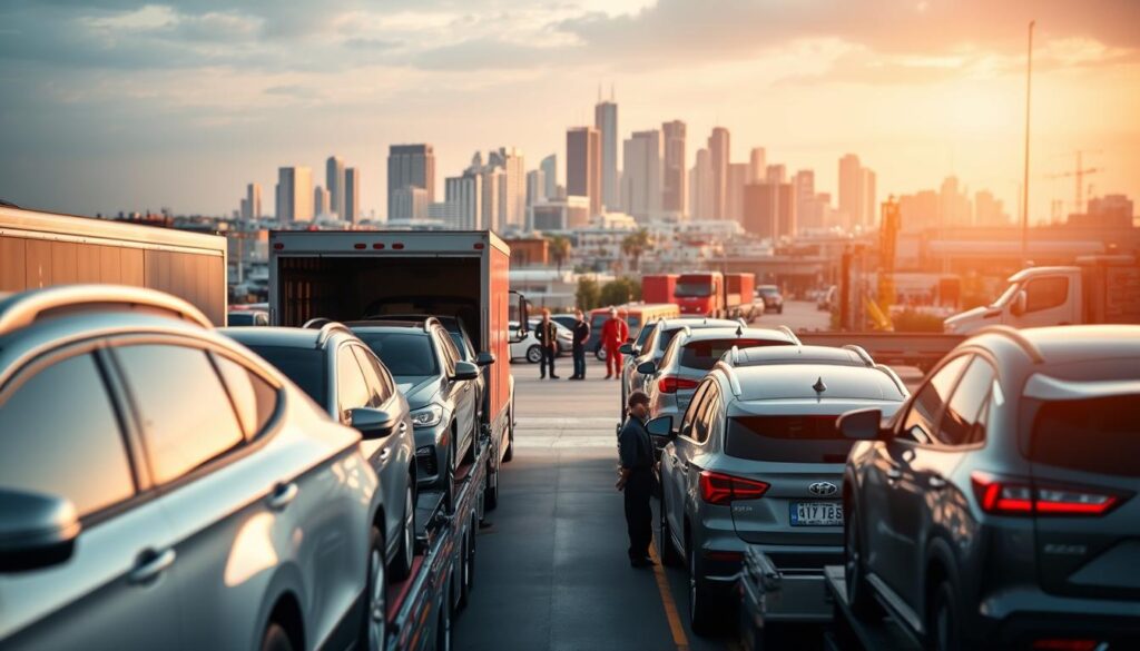 A modern, well-equipped car shipping facility set against a backdrop of the bustling city of Beaumont. In the foreground, sleek, high-capacity car haulers are loaded with an array of meticulously cared-for vehicles, ready to be transported with the utmost care and efficiency. The middle ground features a team of skilled professionals overseeing the loading process, ensuring every car is secured and protected. In the background, the Beaumont skyline rises, with towering buildings and a vibrant, industrial atmosphere. Warm, diffused lighting casts a soft glow over the scene, conveying a sense of reliability, expertise, and commitment to customer satisfaction. A modern, well-equipped car shipping facility set against a backdrop of the bustling city of Beaumont. In the foreground, sleek, high-capacity car haulers are loaded with an array of meticulously cared-for vehicles, ready to be transported with the utmost care and efficiency. The middle ground features a team of skilled professionals overseeing the loading process, ensuring every car is secured and protected. In the background, the Beaumont skyline rises, with towering buildings and a vibrant, industrial atmosphere. Warm, diffused lighting casts a soft glow over the scene, conveying a sense of reliability, expertise, and commitment to customer satisfaction.