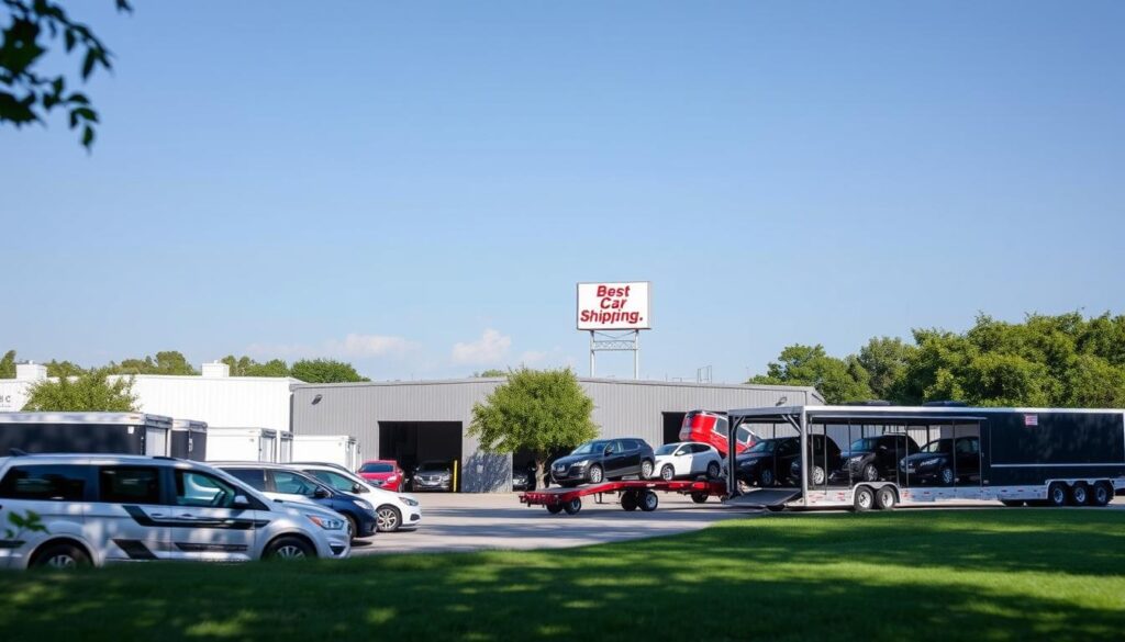 A modern, well-equipped car shipping facility, situated in a lush, verdant setting. In the foreground, a fleet of enclosed car carriers stand ready to transport vehicles with the utmost care and precision. The middle ground features a bustling operations center, where staff oversee the loading and unloading of cars with meticulous attention to detail. In the background, a towering sign proudly displays the company's name, "Best Car Shipping Inc.", against a backdrop of a clear, azure sky. The overall scene conveys a sense of professionalism, reliability, and a commitment to providing exceptional car shipping services to the San Marcos, TX community. A modern, well-equipped car shipping facility, situated in a lush, verdant setting. In the foreground, a fleet of enclosed car carriers stand ready to transport vehicles with the utmost care and precision. The middle ground features a bustling operations center, where staff oversee the loading and unloading of cars with meticulous attention to detail. In the background, a towering sign proudly displays the company's name, "Best Car Shipping Inc.", against a backdrop of a clear, azure sky. The overall scene conveys a sense of professionalism, reliability, and a commitment to providing exceptional car shipping services to the San Marcos, TX community.