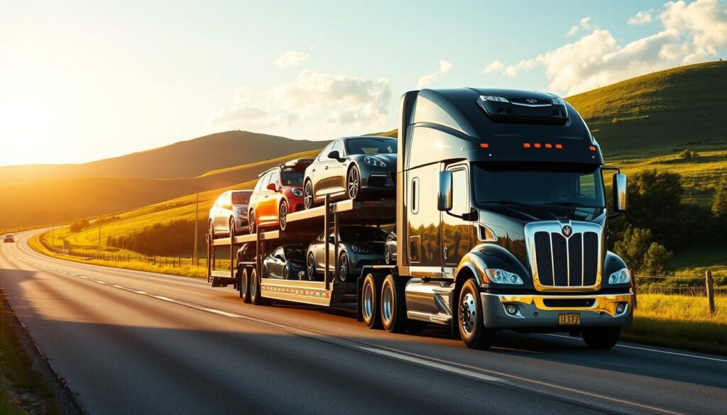 A modern, well-equipped car transport truck drives along a scenic country road, its trailer loaded with a diverse array of gleaming, meticulously cared-for vehicles. The sun casts a warm, golden glow over the scene, illuminating the truck's sleek design and the pristine condition of the cars it carries. In the background, lush green hills and a cloudless azure sky create a peaceful, idyllic backdrop, conveying a sense of reliability, expertise, and the trusted care that Raymondville drivers have come to expect from the local auto transport company. The composition is balanced, with the truck positioned prominently in the foreground, conveying the company's professionalism and dedication to ensuring safe, efficient, and stress-free car shipping. A modern, well-equipped car transport truck drives along a scenic country road, its trailer loaded with a diverse array of gleaming, meticulously cared-for vehicles. The sun casts a warm, golden glow over the scene, illuminating the truck's sleek design and the pristine condition of the cars it carries. In the background, lush green hills and a cloudless azure sky create a peaceful, idyllic backdrop, conveying a sense of reliability, expertise, and the trusted care that Raymondville drivers have come to expect from the local auto transport company. The composition is balanced, with the truck positioned prominently in the foreground, conveying the company's professionalism and dedication to ensuring safe, efficient, and stress-free car shipping.