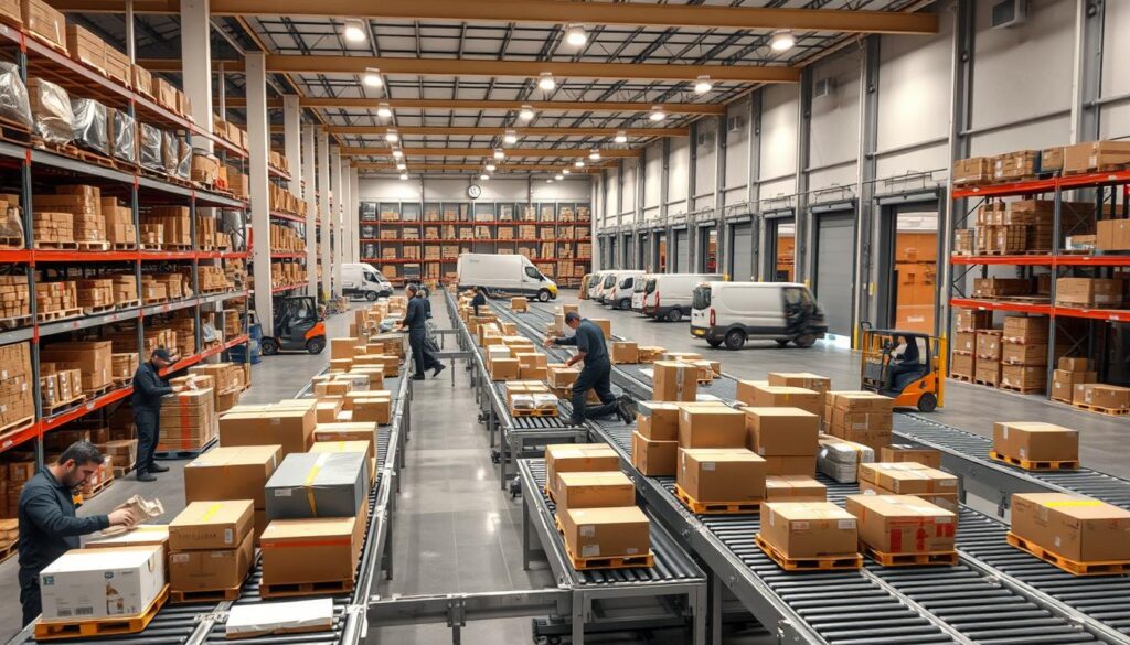 A modern, well-lit warehouse interior with rows of shelves, conveyor belts, and forklifts in operation. In the foreground, a team of logistics professionals carefully package and label various shipments, emphasizing the efficiency and organization of the shipping process. The middle ground showcases a diverse array of boxed products moving along the conveyors, while the background features large cargo doors and a fleet of delivery trucks waiting to transport the goods. The overall scene conveys a sense of productivity, precision, and the seamless flow of a well-oiled logistics operation. A modern, well-lit warehouse interior with rows of shelves, conveyor belts, and forklifts in operation. In the foreground, a team of logistics professionals carefully package and label various shipments, emphasizing the efficiency and organization of the shipping process. The middle ground showcases a diverse array of boxed products moving along the conveyors, while the background features large cargo doors and a fleet of delivery trucks waiting to transport the goods. The overall scene conveys a sense of productivity, precision, and the seamless flow of a well-oiled logistics operation.