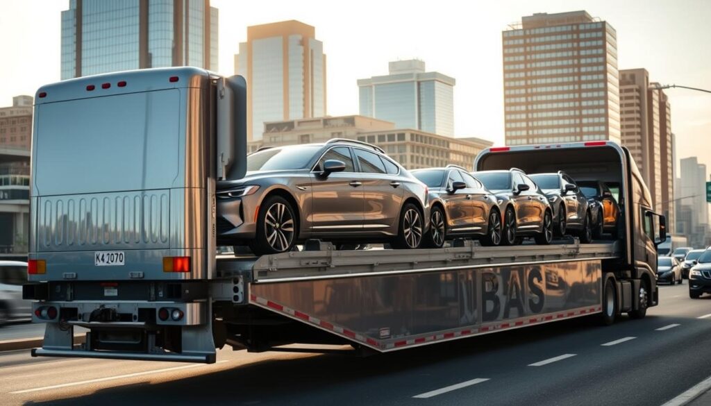A modern, well-maintained DeSoto auto transport truck navigates a busy urban street, its gleaming silver exterior reflecting the warm afternoon sunlight. In the foreground, several luxury sedans and SUVs are carefully loaded onto the open-air carrier, their pristine condition a testament to the care and expertise of the transport service. The background features a cityscape of towering skyscrapers and bustling traffic, conveying a sense of efficiency and reliability. The scene is captured through a wide-angle lens, emphasizing the scale and professionalism of the DeSoto auto transport operation. The overall mood is one of trust, competence, and seamless logistics, perfectly suited to illustrate the "Trusted DeSoto Auto Transport Services with Transparent Communication" section of the article. A modern, well-maintained DeSoto auto transport truck navigates a busy urban street, its gleaming silver exterior reflecting the warm afternoon sunlight. In the foreground, several luxury sedans and SUVs are carefully loaded onto the open-air carrier, their pristine condition a testament to the care and expertise of the transport service. The background features a cityscape of towering skyscrapers and bustling traffic, conveying a sense of efficiency and reliability. The scene is captured through a wide-angle lens, emphasizing the scale and professionalism of the DeSoto auto transport operation. The overall mood is one of trust, competence, and seamless logistics, perfectly suited to illustrate the "Trusted DeSoto Auto Transport Services with Transparent Communication" section of the article.