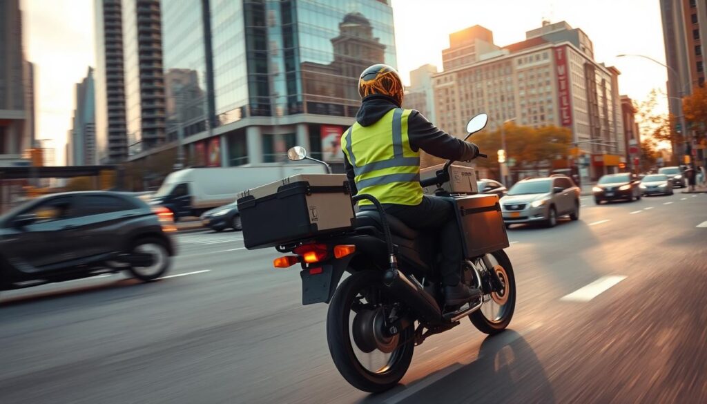 A motorcycle delivery rider navigates the bustling city streets, their sleek bike cutting through traffic with precision. The rider wears a high-visibility jacket, their helmet reflecting the warm glow of the afternoon sun. In the bike's saddlebags, secured packages await their final destination, ready to be delivered safely and on time. The scene captures the efficiency and professionalism of motorcycle shipping, highlighting the secure and affordable transportation solution for the United States. The urban landscape, with its towering buildings and winding roads, provides a dynamic backdrop, emphasizing the versatility and agility of this mode of delivery.