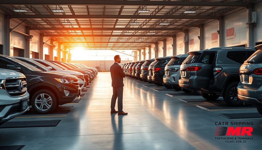 A neatly organized auto transport terminal in McAllen, TX, showcasing a row of well-maintained vehicles awaiting shipping. The facility has a modern, efficient layout with designated loading zones and a clean, professional atmosphere. The sun casts warm, golden light across the scene, creating a sense of reliability and trustworthiness. In the foreground, a customer service representative greets a customer, discussing the shipping process with a friendly, reassuring demeanor. The background features the company's logo and branding, reinforcing the brand's reputation for reliable, trusted car shipping services in the McAllen area. A neatly organized auto transport terminal in McAllen, TX, showcasing a row of well-maintained vehicles awaiting shipping. The facility has a modern, efficient layout with designated loading zones and a clean, professional atmosphere. The sun casts warm, golden light across the scene, creating a sense of reliability and trustworthiness. In the foreground, a customer service representative greets a customer, discussing the shipping process with a friendly, reassuring demeanor. The background features the company's logo and branding, reinforcing the brand's reputation for reliable, trusted car shipping services in the McAllen area.