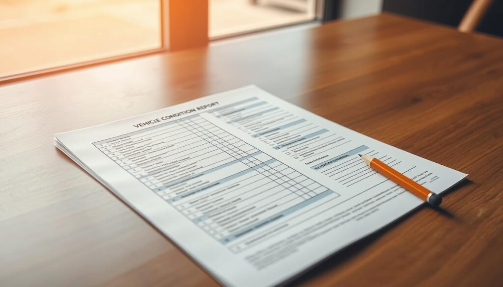 A neatly organized vehicle condition report lying on a wooden desk, bathed in warm, natural light from a nearby window. The report features a comprehensive checklist of various vehicle components, from the exterior to the interior, with detailed notes and assessments. A well-sharpened pencil rests beside the report, ready for any additional observations. The background is slightly blurred, focusing the viewer's attention on the report and its meticulous attention to detail, capturing the process of thoroughly evaluating the condition of a vehicle prior to transport or shipment.