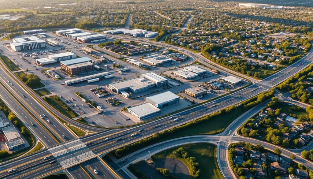 A panoramic aerial view of the Pembroke Pines metropolitan area, showcasing the bustling service areas and transportation hubs. The foreground features a network of well-maintained highways and arterial roads, with cars and trucks navigating the intersections. In the middle ground, various commercial and industrial complexes come into focus, including auto repair shops, distribution centers, and logistics facilities. The background is dominated by the lush, verdant suburban neighborhoods, interspersed with pockets of lush greenery and winding side streets. The scene is bathed in warm, golden sunlight, creating a sense of vibrant activity and efficient connectivity. The composition captures the comprehensive transport infrastructure that supports the reliable auto transport and car shipping services in Pembroke Pines. A panoramic aerial view of the Pembroke Pines metropolitan area, showcasing the bustling service areas and transportation hubs. The foreground features a network of well-maintained highways and arterial roads, with cars and trucks navigating the intersections. In the middle ground, various commercial and industrial complexes come into focus, including auto repair shops, distribution centers, and logistics facilities. The background is dominated by the lush, verdant suburban neighborhoods, interspersed with pockets of lush greenery and winding side streets. The scene is bathed in warm, golden sunlight, creating a sense of vibrant activity and efficient connectivity. The composition captures the comprehensive transport infrastructure that supports the reliable auto transport and car shipping services in Pembroke Pines.