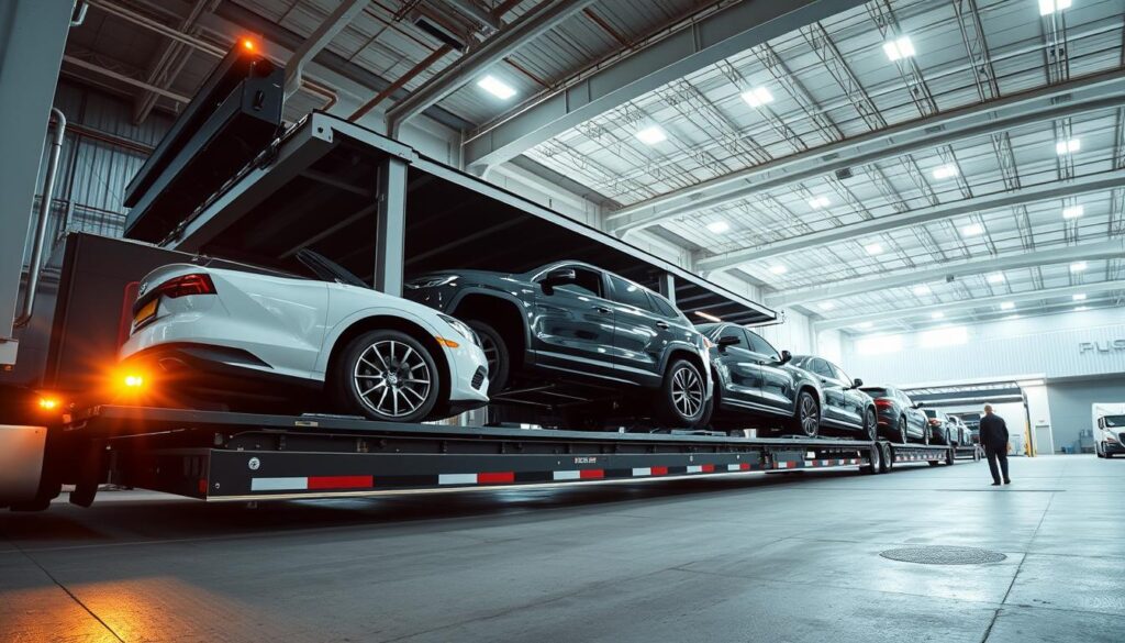 A panoramic scene of an auto transport process in action. In the foreground, a large car hauler truck gently lowers a row of shiny new vehicles onto its specialized carrier platform. The middle ground features a bustling loading dock, with skilled operators meticulously securing the cars for safe transport. In the background, a modern warehouse facility with towering ceilings and ample lighting sets the stage. The overall atmosphere conveys a sense of efficiency, professionalism, and attention to detail that one would expect from a reputable auto transport service provider. Dramatic shadows and highlights accentuate the curvatures of the vehicles, creating a visually striking and technically accurate depiction of the auto transport process. A panoramic scene of an auto transport process in action. In the foreground, a large car hauler truck gently lowers a row of shiny new vehicles onto its specialized carrier platform. The middle ground features a bustling loading dock, with skilled operators meticulously securing the cars for safe transport. In the background, a modern warehouse facility with towering ceilings and ample lighting sets the stage. The overall atmosphere conveys a sense of efficiency, professionalism, and attention to detail that one would expect from a reputable auto transport service provider. Dramatic shadows and highlights accentuate the curvatures of the vehicles, creating a visually striking and technically accurate depiction of the auto transport process.