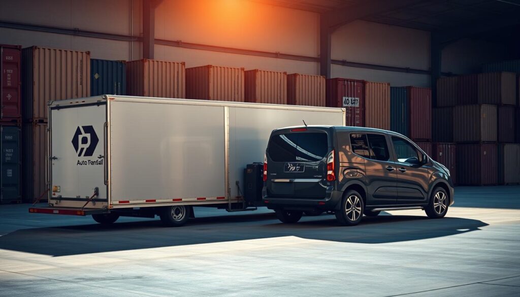 A parked vehicle with a trailer attached, surrounded by a modern industrial warehouse setting. The trailer has the company's logo prominently displayed, indicating a professional auto transport service. The scene is bathed in warm, directional lighting, creating dramatic shadows and highlights that accentuate the clean lines and sleek design of the vehicle and trailer. The background features neatly stacked shipping containers, conveying a sense of efficiency and reliability in the delivery process. The overall atmosphere is one of precision, professionalism, and a commitment to safe and damage-free transportation.