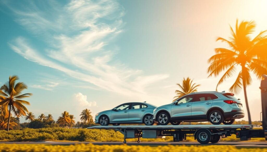 A peaceful auto transport scene set in a warm, serene environment. In the foreground, a well-maintained car transport truck gently carries a pristine vehicle, conveying a sense of care and attention to detail. The mid-ground features a lush, verdant landscape with swaying palm trees, creating a tranquil atmosphere. Soft, golden sunlight filters through wispy clouds, casting a gentle glow over the entire scene. In the background, a clear, azure sky provides a calming backdrop, reinforcing the overall impression of a hassle-free, reliable auto transport experience. The composition and lighting evoke a sense of serenity and professionalism, perfectly capturing the essence of "Reliable Auto Transport and Car Shipping in Orlando, Built for Peace of Mind". A peaceful auto transport scene set in a warm, serene environment. In the foreground, a well-maintained car transport truck gently carries a pristine vehicle, conveying a sense of care and attention to detail. The mid-ground features a lush, verdant landscape with swaying palm trees, creating a tranquil atmosphere. Soft, golden sunlight filters through wispy clouds, casting a gentle glow over the entire scene. In the background, a clear, azure sky provides a calming backdrop, reinforcing the overall impression of a hassle-free, reliable auto transport experience. The composition and lighting evoke a sense of serenity and professionalism, perfectly capturing the essence of "Reliable Auto Transport and Car Shipping in Orlando, Built for Peace of Mind".
