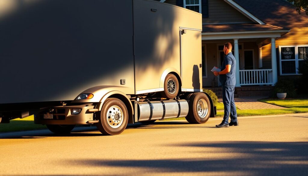 A photo of a car transport truck parked in front of a residential home, with the driver knocking on the door to deliver a car. The truck is well-lit, casting long shadows on the ground. The driver wears a professional uniform and carries a clipboard. The house in the background has a welcoming porch and a neatly manicured lawn. The scene conveys a sense of efficiency and customer service in the car shipping industry. A photo of a car transport truck parked in front of a residential home, with the driver knocking on the door to deliver a car. The truck is well-lit, casting long shadows on the ground. The driver wears a professional uniform and carries a clipboard. The house in the background has a welcoming porch and a neatly manicured lawn. The scene conveys a sense of efficiency and customer service in the car shipping industry.