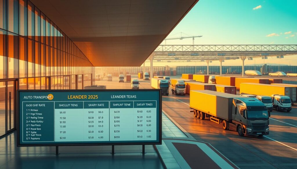 A photorealistic image of a modern transportation hub in the year 2025, showcasing the pricing and transit times for auto transport services in Leander, Texas. The scene features a sleek, minimalist terminal building with floor-to-ceiling glass walls, bathed in warm, natural lighting. In the foreground, a digital display board presents detailed information on shipping rates, delivery schedules, and estimated transit times for various destinations. The background includes a bustling intermodal freight yard, with autonomous vehicles and electric transport trucks efficiently loading and unloading cargo. The overall atmosphere conveys a sense of efficiency, technology, and a forward-thinking approach to the future of the automotive logistics industry. A photorealistic image of a modern transportation hub in the year 2025, showcasing the pricing and transit times for auto transport services in Leander, Texas. The scene features a sleek, minimalist terminal building with floor-to-ceiling glass walls, bathed in warm, natural lighting. In the foreground, a digital display board presents detailed information on shipping rates, delivery schedules, and estimated transit times for various destinations. The background includes a bustling intermodal freight yard, with autonomous vehicles and electric transport trucks efficiently loading and unloading cargo. The overall atmosphere conveys a sense of efficiency, technology, and a forward-thinking approach to the future of the automotive logistics industry.