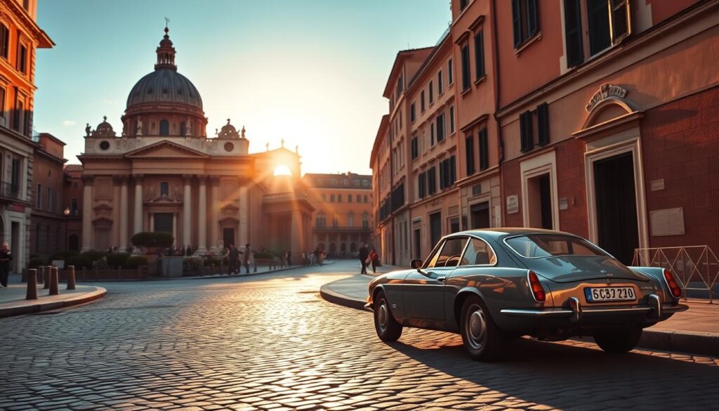 A picturesque street in the historic heart of Rome, with a classic Italian car parked by the curb. The warm afternoon sun casts a golden glow over the ancient architecture, casting long shadows across the cobblestones. In the distance, the iconic domes and spires of St. Peter's Basilica and the Colosseum can be seen, hinting at the timeless grandeur of the Eternal City. The car, a sleek and stylish vintage model, stands out against the weathered facade of the surrounding buildings, capturing the essence of traditional Italian automotive design. The scene conveys a sense of timeless elegance and the perfect backdrop for a reliable auto transport service in Roma. A picturesque street in the historic heart of Rome, with a classic Italian car parked by the curb. The warm afternoon sun casts a golden glow over the ancient architecture, casting long shadows across the cobblestones. In the distance, the iconic domes and spires of St. Peter's Basilica and the Colosseum can be seen, hinting at the timeless grandeur of the Eternal City. The car, a sleek and stylish vintage model, stands out against the weathered facade of the surrounding buildings, capturing the essence of traditional Italian automotive design. The scene conveys a sense of timeless elegance and the perfect backdrop for a reliable auto transport service in Roma.