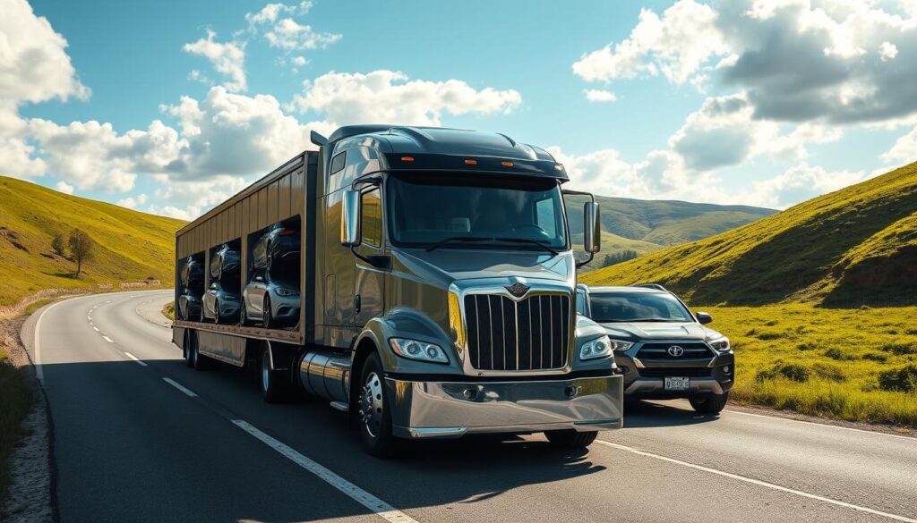 A pristine auto transport truck transporting multiple gleaming sedans and SUVs down a winding country road, surrounded by lush green hills and a bright blue sky with fluffy white clouds. The truck is captured in a 3/4 front angle with strong directional lighting casting dramatic shadows, giving it an authoritative and professional presence. The vehicle's chrome accents and polished paint jobs reflect the sunlight, creating a sense of high-quality craftsmanship. The overall mood is one of efficiency, reliability, and attention to detail - capturing the essence of a dependable auto transport service. A pristine auto transport truck transporting multiple gleaming sedans and SUVs down a winding country road, surrounded by lush green hills and a bright blue sky with fluffy white clouds. The truck is captured in a 3/4 front angle with strong directional lighting casting dramatic shadows, giving it an authoritative and professional presence. The vehicle's chrome accents and polished paint jobs reflect the sunlight, creating a sense of high-quality craftsmanship. The overall mood is one of efficiency, reliability, and attention to detail - capturing the essence of a dependable auto transport service.