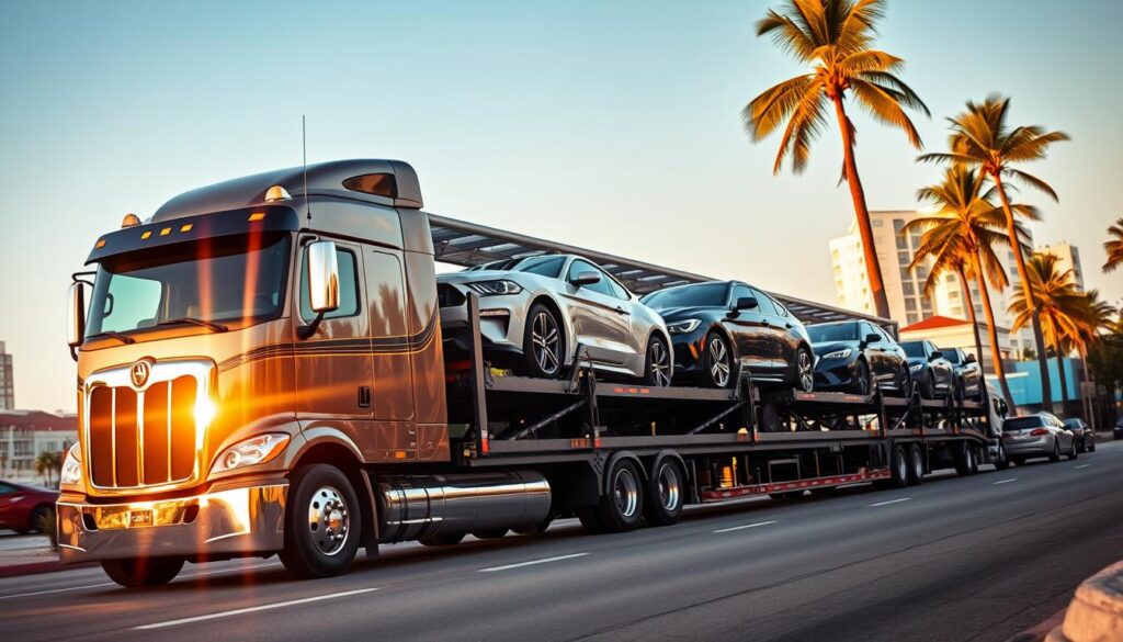 A pristine car transporter truck navigates the bustling streets of Miramar, its expansive trailer loaded with a diverse array of gleaming vehicles. In the foreground, the truck's chrome grille and powerful headlights shine under the warm, golden light of the afternoon sun. The middle ground showcases the sleek, modern design of the car transport trailer, with its smooth lines and secure tie-down systems. In the background, the vibrant cityscape of Miramar provides an urban backdrop, with towering palm trees swaying gently in the breeze. The scene conveys a sense of efficient, reliable car shipping, perfectly encapsulating the ease and convenience of Miramar's trusted auto transport services. A pristine car transporter truck navigates the bustling streets of Miramar, its expansive trailer loaded with a diverse array of gleaming vehicles. In the foreground, the truck's chrome grille and powerful headlights shine under the warm, golden light of the afternoon sun. The middle ground showcases the sleek, modern design of the car transport trailer, with its smooth lines and secure tie-down systems. In the background, the vibrant cityscape of Miramar provides an urban backdrop, with towering palm trees swaying gently in the breeze. The scene conveys a sense of efficient, reliable car shipping, perfectly encapsulating the ease and convenience of Miramar's trusted auto transport services.