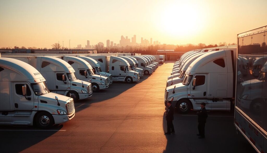 A pristine fleet of well-maintained trucks and trailers, meticulously arranged in a neatly organized auto transport yard. The vehicles are gleaming under the warm, golden hues of the afternoon sun, casting long shadows across the asphalt. In the foreground, a team of experienced, uniformed drivers carefully inspects the loading process, ensuring the utmost care and security for each vehicle. In the background, the skyline of Princeton, New Jersey, is visible, underscoring the local expertise and reliability of these trusted auto transport services. The scene conveys a sense of professionalism, attention to detail, and a commitment to delivering vehicles safely to their destinations. A pristine fleet of well-maintained trucks and trailers, meticulously arranged in a neatly organized auto transport yard. The vehicles are gleaming under the warm, golden hues of the afternoon sun, casting long shadows across the asphalt. In the foreground, a team of experienced, uniformed drivers carefully inspects the loading process, ensuring the utmost care and security for each vehicle. In the background, the skyline of Princeton, New Jersey, is visible, underscoring the local expertise and reliability of these trusted auto transport services. The scene conveys a sense of professionalism, attention to detail, and a commitment to delivering vehicles safely to their destinations.