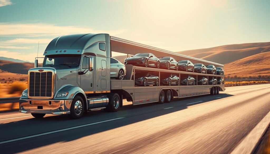 A pristine, gleaming auto transport truck glides down a sun-dappled highway, its trailer brimming with a diverse array of shiny, well-maintained vehicles of various makes and models. In the foreground, the truck's sleek, aerodynamic design and bold, confident stance command attention, while the middle ground showcases the meticulously loaded cars, each secured with precision. The background depicts a scenic landscape, with rolling hills and a clear, azure sky, creating a sense of tranquility and effortless motion. Soft, warm lighting bathes the scene, lending an air of professionalism and reliability. This image conveys the seamless, trustworthy nature of the all-state to state auto transport service, ready to deliver vehicles with the utmost care and efficiency. A pristine, gleaming auto transport truck glides down a sun-dappled highway, its trailer brimming with a diverse array of shiny, well-maintained vehicles of various makes and models. In the foreground, the truck's sleek, aerodynamic design and bold, confident stance command attention, while the middle ground showcases the meticulously loaded cars, each secured with precision. The background depicts a scenic landscape, with rolling hills and a clear, azure sky, creating a sense of tranquility and effortless motion. Soft, warm lighting bathes the scene, lending an air of professionalism and reliability. This image conveys the seamless, trustworthy nature of the all-state to state auto transport service, ready to deliver vehicles with the utmost care and efficiency.