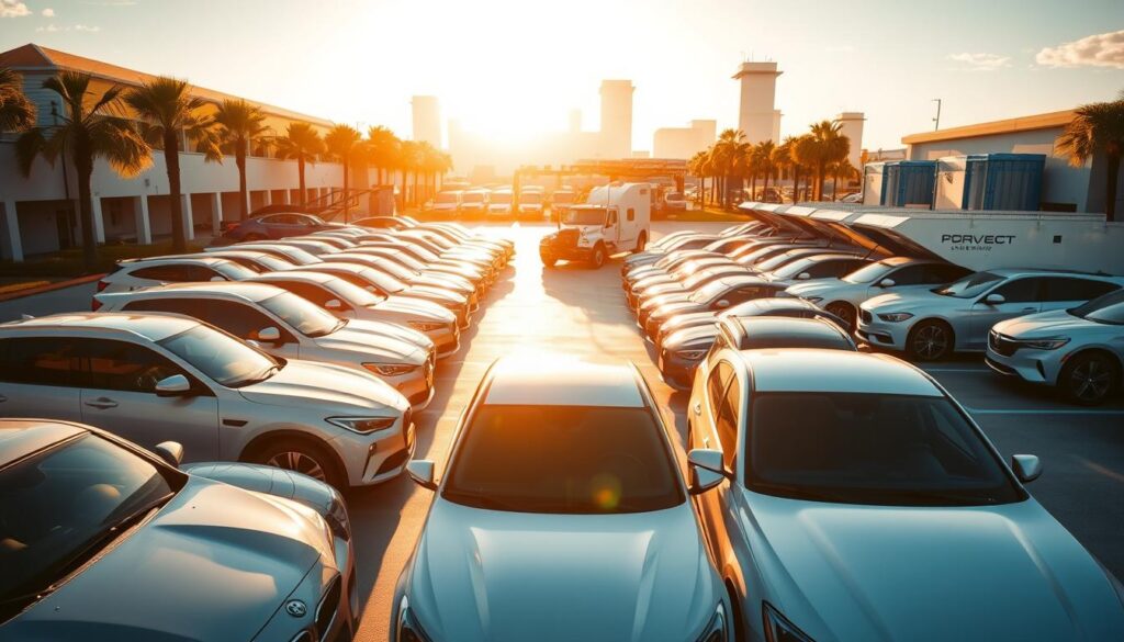 A pristine parking lot in Lakeland, FL, illuminated by warm afternoon sunlight. In the foreground, a fleet of gleaming, freshly washed cars awaits transport, each meticulously positioned for efficient loading. In the middle ground, a team of experienced car shipping professionals oversees the operation, expertly maneuvering the vehicles onto specialized carriers. The background features the distinctive architecture of Lakeland, with its palm trees and modern skyline, conveying a sense of reliability and trustworthiness. The overall scene exudes a mood of meticulous care, attention to detail, and a commitment to delivering Lakeland's drivers their vehicles safely and on time. A pristine parking lot in Lakeland, FL, illuminated by warm afternoon sunlight. In the foreground, a fleet of gleaming, freshly washed cars awaits transport, each meticulously positioned for efficient loading. In the middle ground, a team of experienced car shipping professionals oversees the operation, expertly maneuvering the vehicles onto specialized carriers. The background features the distinctive architecture of Lakeland, with its palm trees and modern skyline, conveying a sense of reliability and trustworthiness. The overall scene exudes a mood of meticulous care, attention to detail, and a commitment to delivering Lakeland's drivers their vehicles safely and on time.