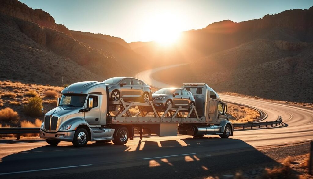 A pristine silver car carrier truck transporting a fleet of gleaming new vehicles along a winding highway in Eagle Pass, Texas. The sun casts a warm glow over the scene, casting long shadows across the road. In the background, the rugged Chihuahuan Desert landscape rises up, framing the image with a sense of vastness and tranquility. The truck's sleek design and well-maintained exterior convey a sense of professionalism and reliability, reflecting the trusted nature of the vehicle shipping service. The cars on the carrier appear secure and protected, ready to be delivered to their new owners in Eagle Pass. A pristine silver car carrier truck transporting a fleet of gleaming new vehicles along a winding highway in Eagle Pass, Texas. The sun casts a warm glow over the scene, casting long shadows across the road. In the background, the rugged Chihuahuan Desert landscape rises up, framing the image with a sense of vastness and tranquility. The truck's sleek design and well-maintained exterior convey a sense of professionalism and reliability, reflecting the trusted nature of the vehicle shipping service. The cars on the carrier appear secure and protected, ready to be delivered to their new owners in Eagle Pass.