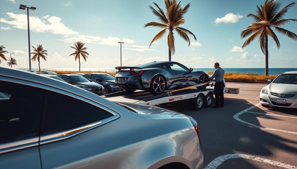 A pristine, sun-drenched parking lot in North Miami Beach, vehicles neatly arranged with precision. A sleek, modern car carrier in the foreground, its chrome trim gleaming under the warm coastal light. In the middle ground, a team of skilled technicians expertly loading a shiny sports car onto the carrier, taking care to secure it for safe transport. The background features palm trees swaying in the gentle breeze, and the azure blue of the Miami sky stretching out above. The scene conveys a sense of efficiency, professionalism, and the convenience of North Miami Beach car shipping made simple. A pristine, sun-drenched parking lot in North Miami Beach, vehicles neatly arranged with precision. A sleek, modern car carrier in the foreground, its chrome trim gleaming under the warm coastal light. In the middle ground, a team of skilled technicians expertly loading a shiny sports car onto the carrier, taking care to secure it for safe transport. The background features palm trees swaying in the gentle breeze, and the azure blue of the Miami sky stretching out above. The scene conveys a sense of efficiency, professionalism, and the convenience of North Miami Beach car shipping made simple.