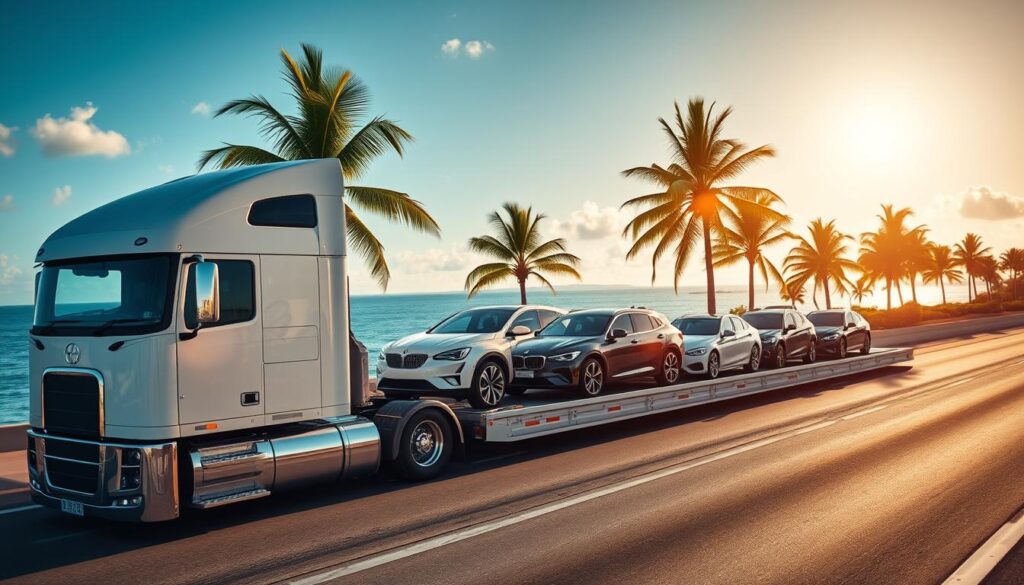 A pristine white semi-truck transporting a fleet of shiny, contemporary sedans and SUVs along a sun-drenched coastal highway. The vehicle's glossy metallic paint reflects the bright, warm rays of the Florida sun, casting a golden glow on the surrounding palm trees and azure sky. In the foreground, the truck's sleek, aerodynamic design and prominent branding convey a sense of efficiency and professionalism. The middle ground features the neatly arranged cars, each meticulously cleaned and positioned, ready for delivery to their final destinations. The background showcases the vibrant, tropical landscape of West Palm Beach, with its lush greenery and picturesque ocean views. A pristine white semi-truck transporting a fleet of shiny, contemporary sedans and SUVs along a sun-drenched coastal highway. The vehicle's glossy metallic paint reflects the bright, warm rays of the Florida sun, casting a golden glow on the surrounding palm trees and azure sky. In the foreground, the truck's sleek, aerodynamic design and prominent branding convey a sense of efficiency and professionalism. The middle ground features the neatly arranged cars, each meticulously cleaned and positioned, ready for delivery to their final destinations. The background showcases the vibrant, tropical landscape of West Palm Beach, with its lush greenery and picturesque ocean views.