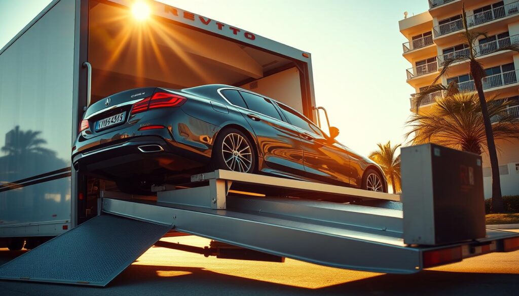 A professional auto transport service in Miami, FL, efficiently loading a luxury sedan onto a specialized carrier. The scene is captured from a low angle, highlighting the imposing size of the transport vehicle and the careful precision of the loading process. Warm, golden sunlight bathes the scene, creating a sense of reliability and trustworthiness. The surroundings feature a nondescript urban backdrop, emphasizing the transportation service's focus on the vehicle being transported. The overall mood conveys a reliable, professional, and customer-centric auto transport experience. A professional auto transport service in Miami, FL, efficiently loading a luxury sedan onto a specialized carrier. The scene is captured from a low angle, highlighting the imposing size of the transport vehicle and the careful precision of the loading process. Warm, golden sunlight bathes the scene, creating a sense of reliability and trustworthiness. The surroundings feature a nondescript urban backdrop, emphasizing the transportation service's focus on the vehicle being transported. The overall mood conveys a reliable, professional, and customer-centric auto transport experience.