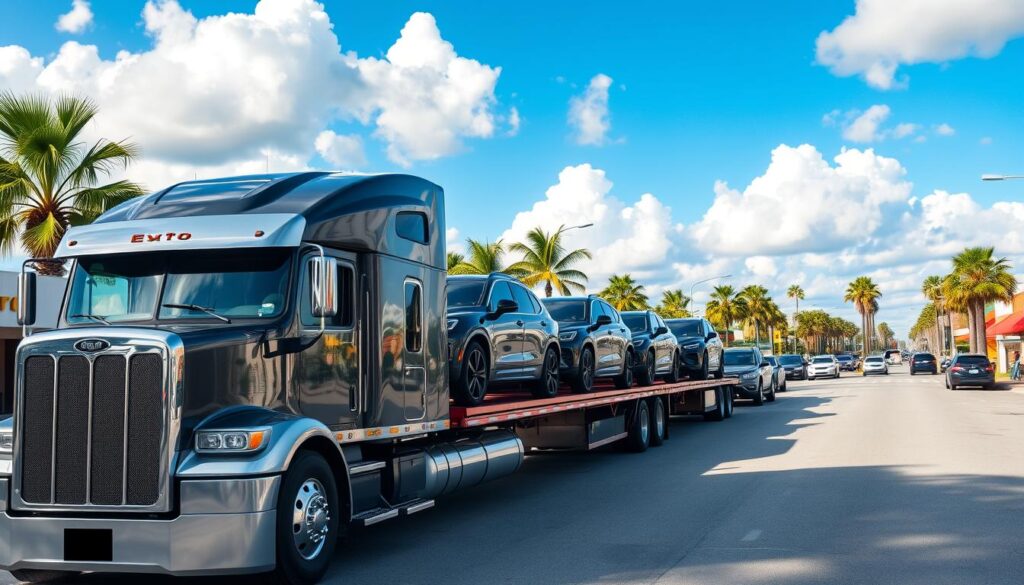 A professional auto transport truck with a gleaming chrome grille and sleek aerodynamic design is parked in the foreground, its trailer loaded with several shiny new cars. In the middle ground, the bustling streets of Deltona are visible, with palm trees swaying in the warm Florida breeze. The background features a vibrant blue sky with fluffy white clouds, creating a serene and inviting atmosphere. The lighting is soft and natural, highlighting the details of the vehicles and the city landscape. The overall scene conveys a sense of reliability, professionalism, and the specialized services offered for Deltona drivers. A professional auto transport truck with a gleaming chrome grille and sleek aerodynamic design is parked in the foreground, its trailer loaded with several shiny new cars. In the middle ground, the bustling streets of Deltona are visible, with palm trees swaying in the warm Florida breeze. The background features a vibrant blue sky with fluffy white clouds, creating a serene and inviting atmosphere. The lighting is soft and natural, highlighting the details of the vehicles and the city landscape. The overall scene conveys a sense of reliability, professionalism, and the specialized services offered for Deltona drivers.