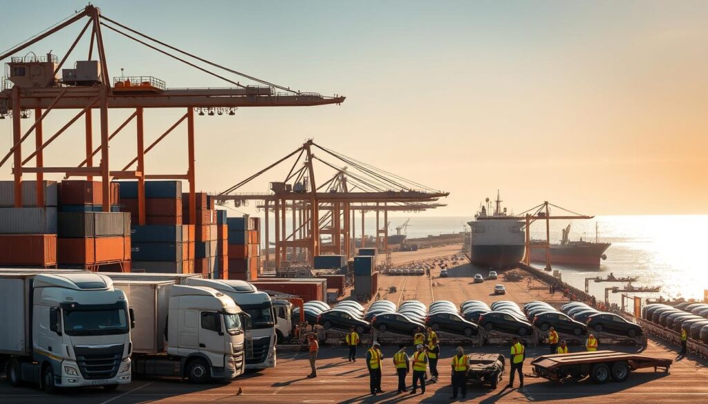 A professional car shipping port in Port Lavaca, with towering cranes and cargo containers stacked high. In the foreground, a fleet of well-maintained trucks and trailers ready to transport vehicles. The middle ground features a bustling scene of workers coordinating the loading and unloading of cars, their safety gear and high-visibility uniforms indicating a commitment to professionalism. In the background, the port's sleek, modern facilities and the shimmering waters of the Gulf of Mexico create a picturesque setting. Warm, golden lighting casts a glow over the entire scene, conveying a sense of reliability and expertise in the car shipping services offered at this location. A professional car shipping port in Port Lavaca, with towering cranes and cargo containers stacked high. In the foreground, a fleet of well-maintained trucks and trailers ready to transport vehicles. The middle ground features a bustling scene of workers coordinating the loading and unloading of cars, their safety gear and high-visibility uniforms indicating a commitment to professionalism. In the background, the port's sleek, modern facilities and the shimmering waters of the Gulf of Mexico create a picturesque setting. Warm, golden lighting casts a glow over the entire scene, conveying a sense of reliability and expertise in the car shipping services offered at this location.