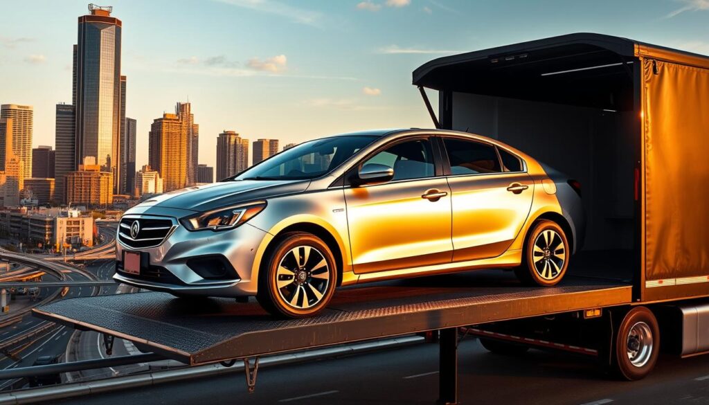 A professional car transport truck, its metallic surface gleaming under the warm afternoon sun, stands ready to load a shiny, freshly-washed sedan onto its elevated platform. The truck's cabin features bold, aerodynamic lines, conveying a sense of efficiency and reliability. In the background, a bustling urban landscape unfolds, with towering skyscrapers and a network of roads leading to the heart of Bellaire. The scene exudes a palpable sense of trust and professionalism, perfectly capturing the reliable auto transport services available to local residents. A professional car transport truck, its metallic surface gleaming under the warm afternoon sun, stands ready to load a shiny, freshly-washed sedan onto its elevated platform. The truck's cabin features bold, aerodynamic lines, conveying a sense of efficiency and reliability. In the background, a bustling urban landscape unfolds, with towering skyscrapers and a network of roads leading to the heart of Bellaire. The scene exudes a palpable sense of trust and professionalism, perfectly capturing the reliable auto transport services available to local residents.