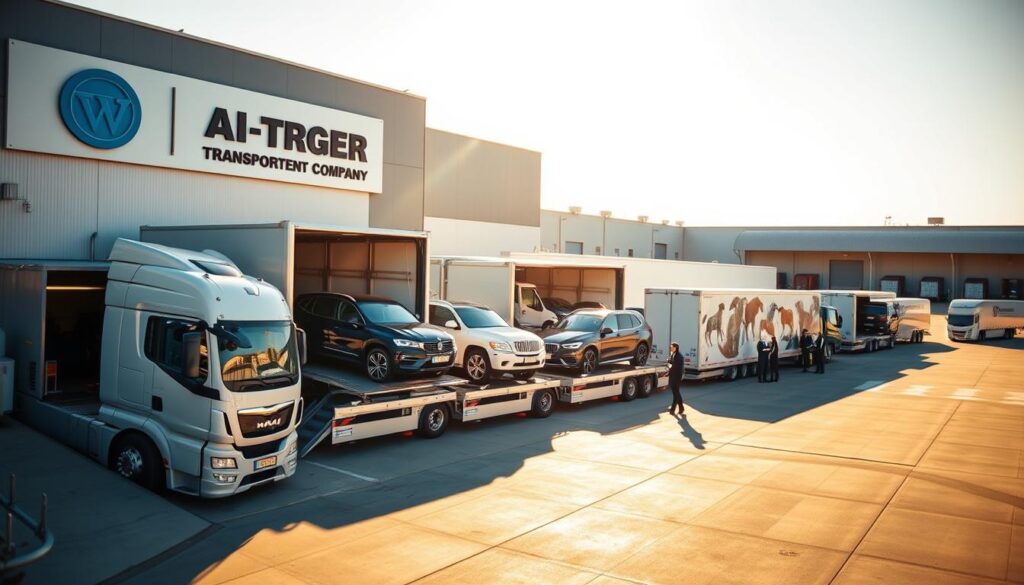 A professional, well-equipped auto transport company facility with a fleet of modern, well-maintained trucks and enclosed car carriers. The foreground shows the company's logo and signage on the main building, with a sleek, contemporary design. The middle ground features several car carriers loading and unloading vehicles, with employees in uniform overseeing the secure loading process. The background depicts a clean, organized yard with additional car carriers and storage space. The scene is bathed in warm, natural lighting, conveying a sense of trust, efficiency, and attention to detail. A professional, well-equipped auto transport company facility with a fleet of modern, well-maintained trucks and enclosed car carriers. The foreground shows the company's logo and signage on the main building, with a sleek, contemporary design. The middle ground features several car carriers loading and unloading vehicles, with employees in uniform overseeing the secure loading process. The background depicts a clean, organized yard with additional car carriers and storage space. The scene is bathed in warm, natural lighting, conveying a sense of trust, efficiency, and attention to detail.